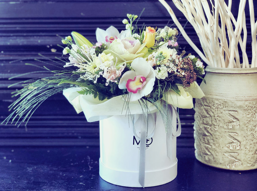 Fresh Flowers Arrangement in Container Pastel